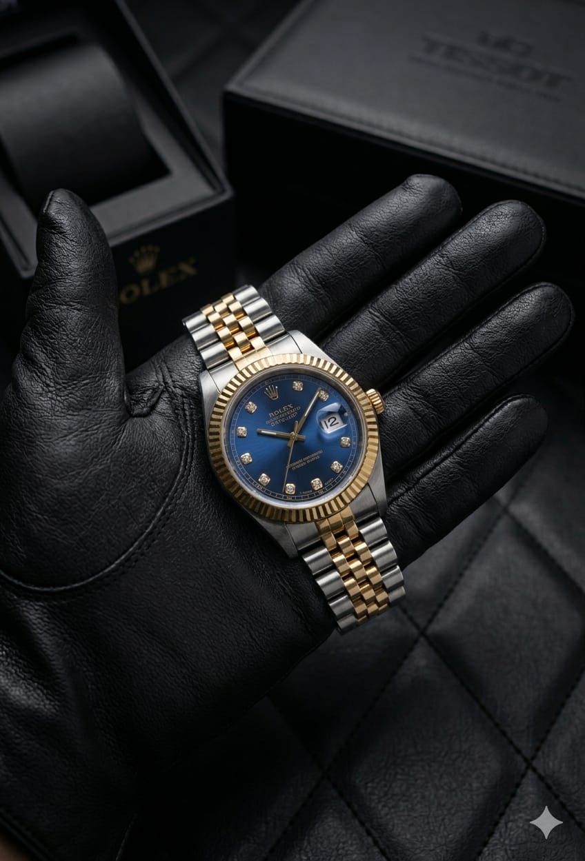 Luxury Men's Two-Tone Royal Blue Dial Watch with Matching Black Oyster Bracelet Set